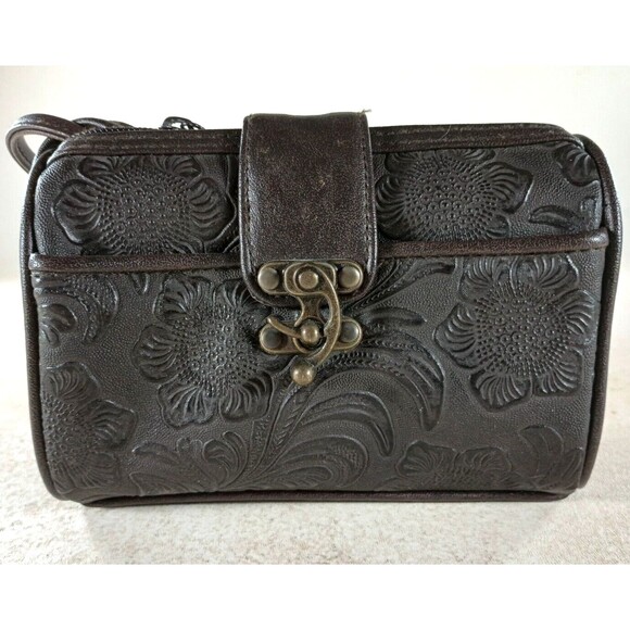 Brown Faux Leather Handbag with Eyehook Fastener - Picture 1 of 5